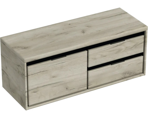 Závesná skrinka pod umývadlo s dvomi zásuvkami v drevenom dekore