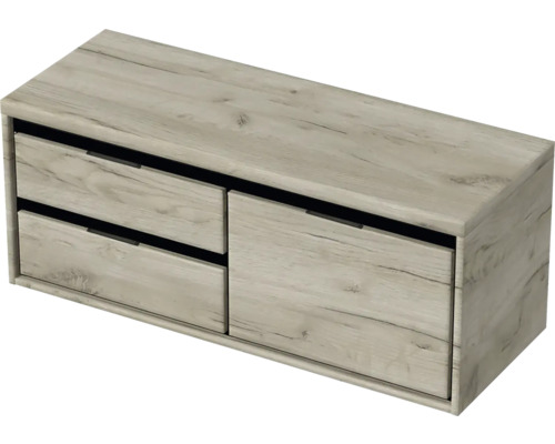 Závesná skrinka pod umývadlo so zásuvkami vo vzhľade dreva