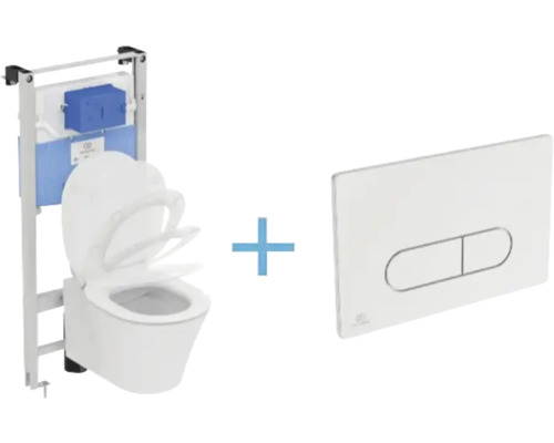 Závesné WC AQUABLADE set Ideal Standard Connect Air s inštalačným systémom ProSys, ovládacie tlačidlo chróm, WC doska so SoftClose