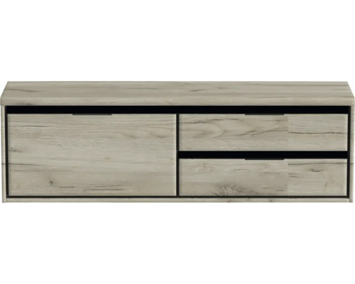 Závesná skrinka pod umývadlo so zásuvkami vo vzhľade dreva