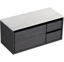 Skrinka pod umývadlo so zásuvkami a doskou v mramorovom vzhľade.