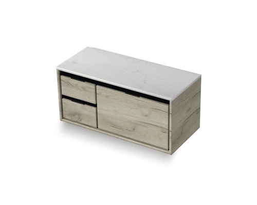 Skrinka pod umývadlo s dvomi zásuvkami a odkladacou plochou vo vzhľade dreva