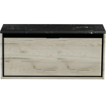 Skrinka pod umývadlo s dreveným dekorom a čiernou pracovnou doskou