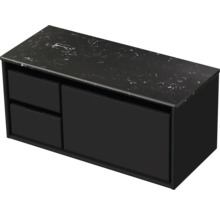 Čierna skrinka pod umývadlo s dvomi zásuvkami a kamennou doskou