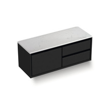 Čierna skrinka pod umývadlo s dvomi zásuvkami a policou