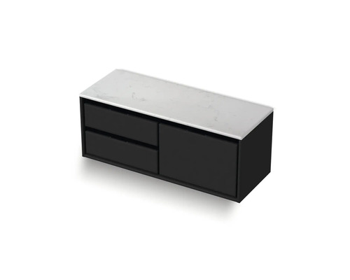 Čierna skrinka pod umývadlo s dvoma zásuvkami a kamennou doskou