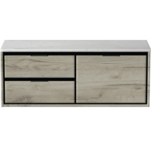 Skrinka pod umývadlo s dvomi zásuvkami a jednými dvierkami s dreveným vzhľadom a bielou doskou umývadla