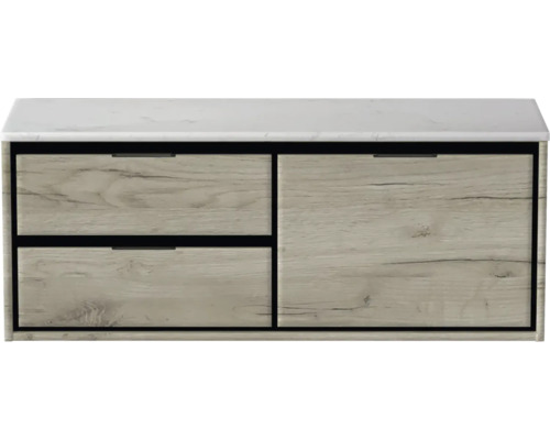 Skrinka pod umývadlo s dvomi zásuvkami a jednými dvierkami s dreveným vzhľadom a bielou doskou umývadla