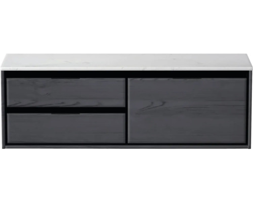 Súprava kúpeľňového nábytku Sanox Loft ŠxVxH 160,5 x 47 x 45,5 cm farba čela matne čierna 2dielna s umývadlom z minerálnej liatiny umývadlo pravé matne biela Skrinka pod umývadlo s dvomi zásuvkami a jednými dvierkami s mramorovou doskou