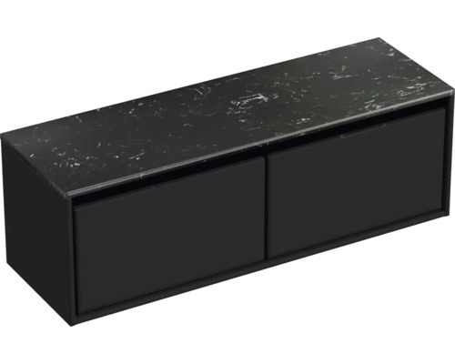 Čierna skrinka pod umývadlo s dvomi zásuvkami a mramorovou doskou