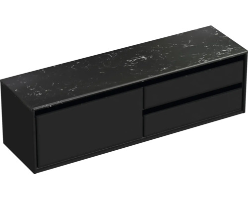 Skrinka pod umývadlo s dvomi zásuvkami a doskou s mramorovým vzhľadom.