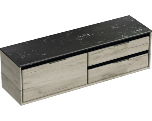 Skrinka pod umývadlo s dvomi zásuvkami a tmavou umývadlovou doskou