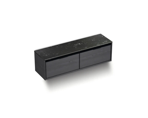 Čierna závesná skrinka s dvomi zásuvkami a mramorovou doskou