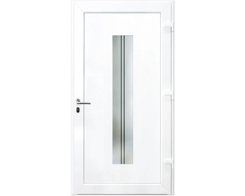Biele vchodové dvere so sklenenou výplňou a rovnými líniami
