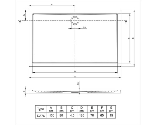 Technický nákres sprchovej vaničky s rozmermi
