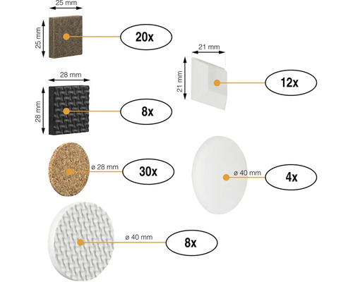 Sada klzákov na nábytok s rôznymi tvarmi a materiálmi.