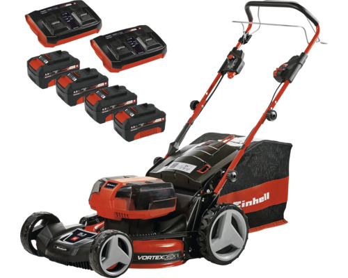 Aku kosačka Einhell Power X-Change GE-CM 36/47 S HW Li vr. 4 ks aku a nabíjačky Akumulátorová kosačka Einhell so štyrmi akumulátormi a dvoma nabíjačkami