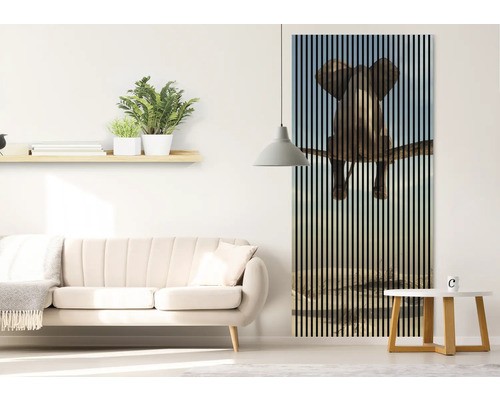 Obývacia izba s pohovkou, odkladacím stolíkom, policou a akustickým panelom s motívom slona