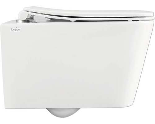 Závesné WC s otvoreným splachovacím okrajom a logom Jungborn.