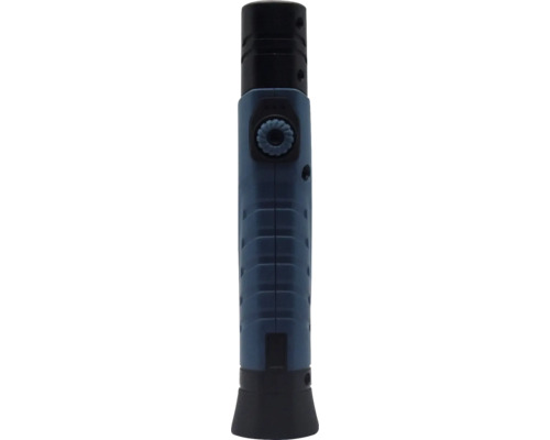 Detailný pohľad na modrú spájkovaciu lampu s čiernou rukoväťou a otočným gombíkom