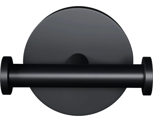 Čierny držiak toaletného papiera s kruhovým nástenným držiakom.