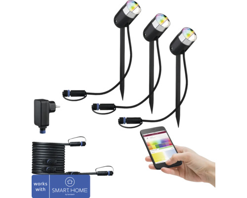 LED vonkajšie bodové svieitidlo Paulmann 94284 Plug and Shine IP44 RGBW 4,5W 170lm 3000-6500K antracit/chróm set - zapichovacie - kompatibilné so SMART HOME by hornbach Tri čierne záhradné bodové svietidlá so zemným hrotom, napájacím zdrojom a smartfón s aplikáciou na ovládanie bodových svietidiel
