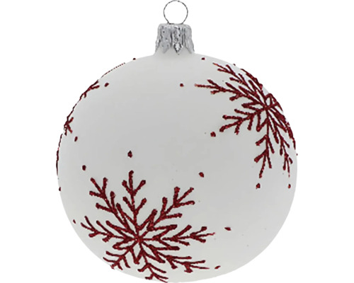 Vianočná ozdoba sklenená guľa Ø 8 cm biela Vianočná guľa so vzorom snehových vločiek
