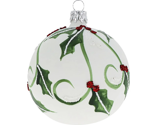 Vianočná ozdoba sklenená guľa Ø 8 cm s cezmínou biela Vianočná guľa s motívom cezmíny na vianočnú dekoráciu