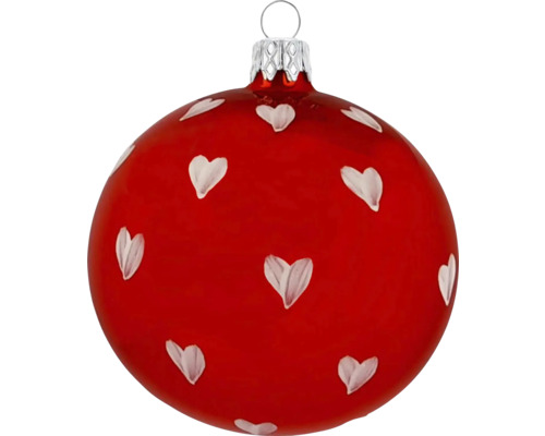 Vianočná ozdoba sklenená guľa Ø 8 cm s bielymi srdiečkami červená Červená vianočná guľa so srdiečkami