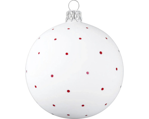 Vianočná ozdoba sklenená guľa s červenými bodkami Ø 8 cm biela Vianočná guľa s červenými bodkami