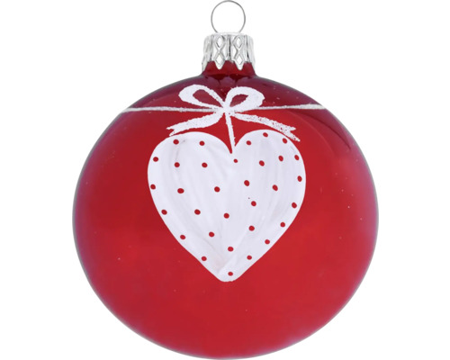 Vianočná ozdoba sklenená guľa Ø 8 cm srdce s mašľou červená Červená vianočná guľa s motívom srdca