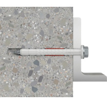 Upevňovací prvok v betónovej stene s upevneným uholníkom.