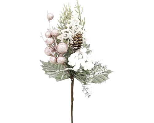 Vianočný zápich s bielym stromčekom 24 cm ružovo-biely Dekoratívna vetva so šiškou, bobuľami a listami