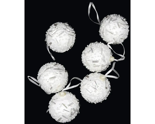 Vianočná ozdoba penová guľa s plôškami Ø 6 cm 6 ks biela Šesť dekoratívnych vianočných gúľ s korálkami a stuhami