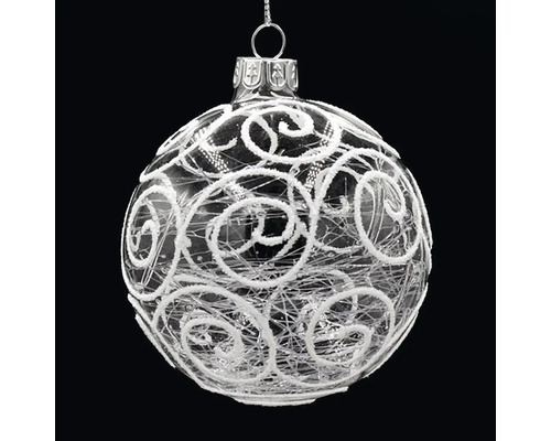 Vianočná ozdoba sklenená guľa s ornamentmi a vláknami Ø 8 cm priehľadná Vianočná guľa s bielym špirálovým vzorom