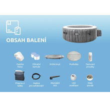 Obsah balenia vírivky s opierkou hlavy, filtračnými kartušami, krytom, podložkou, testovacími prúžkami, prepravnou taškou, hadicou na nafukovanie, montážnym kľúčom, LED osvetlením a malým plavákom