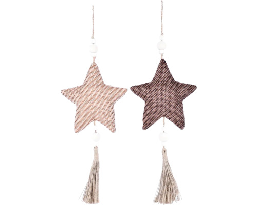 Dve tkané hviezdy ako dekorácia so strapcami a drevenými korálkami