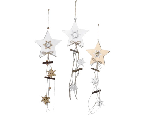 Závesná dekorácia drevená, rôzne farby Tri dekoratívne drevené hviezdy so snehovými vločkami ako ozdoba okna