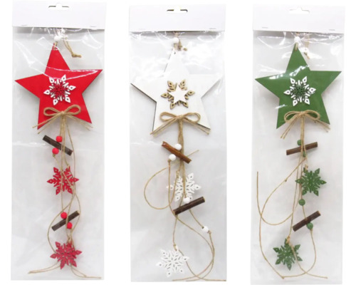 Záves hviezda COMET drevo biela/červená Ozdobné hviezdicové prívesky v červenej, bielej a zelenej farbe