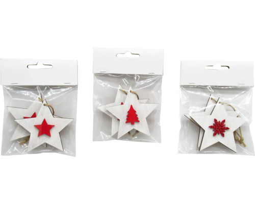 Hviezda závesná drevená bielo-červená, rôzne motívy Drevené hviezdy so závesom vo vrecku na vianočné dekorácie