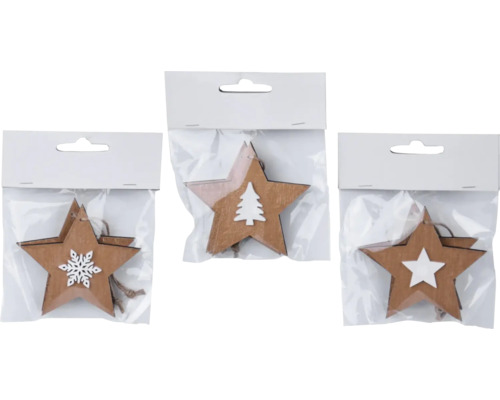 Ozdoba závesná, rôzne druhy Drevené hviezdy so zimnými motívmi v balení ako vianočná dekorácia