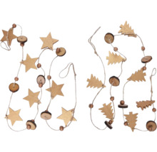 Girlanda s hviezdami, vianočnými stromčekmi, drevenými kotúčmi a guľôčkami