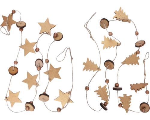 Girlanda drevená zlatá Girlanda s hviezdami, vianočnými stromčekmi, drevenými kotúčmi a guľôčkami