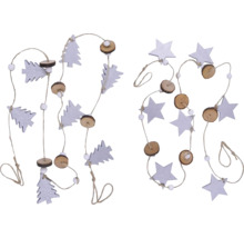 Girlanda s hviezdami, stromami, drevenými diskami a guľôčkami