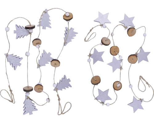 Girlanda s hviezdami, stromami, drevenými diskami a guľôčkami