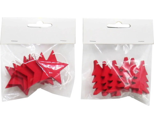 Prízdoba drevená červená, rôzne druhy Balenia s hviezdami a ozdobami na stromček