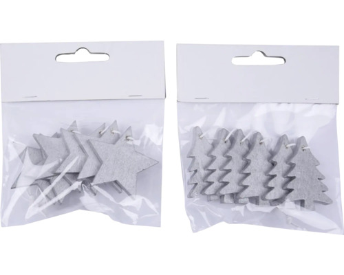 Prízdoba hviezda/stromček CONFETTI drevo Balenia s plstenými hviezdami a vianočnými stromčekmi na dekoráciu