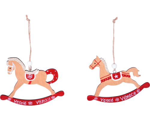 Vianočné dekorácie závesný hojdací koník drevený Dva drevení hojdací koni s nápisom ''Veselé Vánoce'' ako vianočná ozdoba
