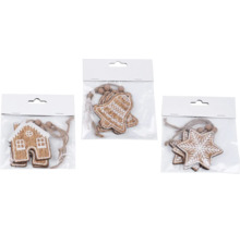 Drevené ozdoby na vianočný stromček v tvare domu, zvona a hviezdy