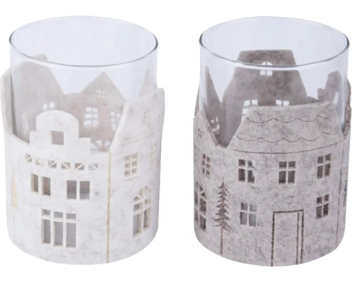 Svietnik domčeky, rôzne farby Dve sklenené svietniky s plsteným okrajom v tvare domu